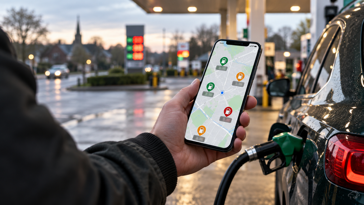 Driver comparing UK fuel prices on a phone | Motorbook.uk 2026