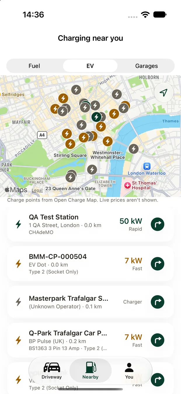 Motorbook Charging near you showing EV charge points on a map and list