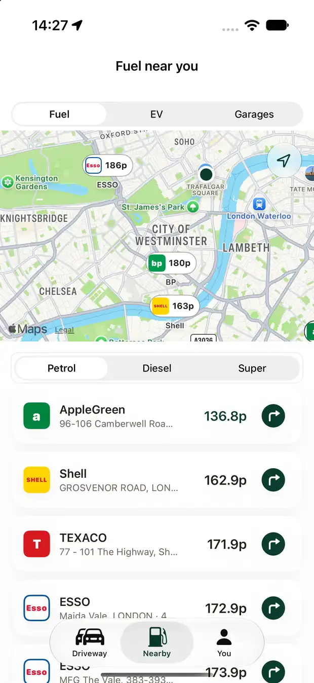 Motorbook fuel near you map and list showing petrol, diesel and super prices close by
