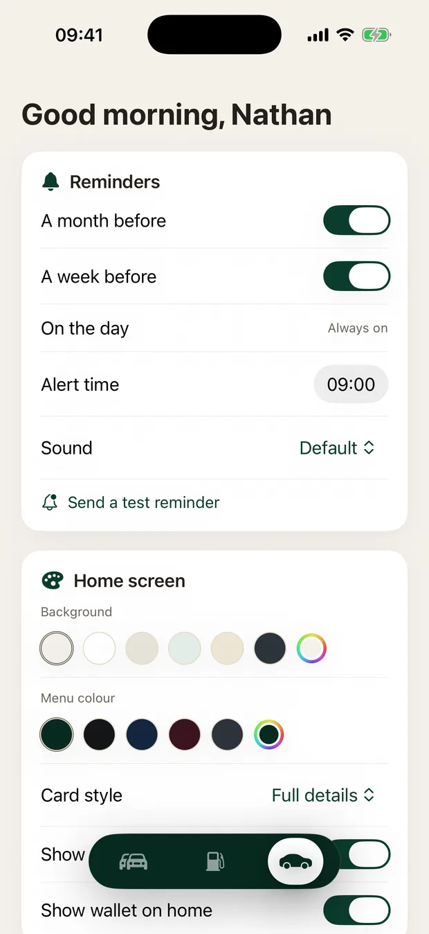 Motorbook settings showing reminder timing, alert time and sound, and home screen customisation